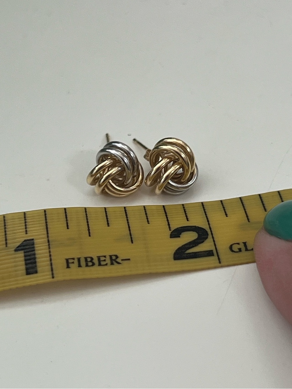 14K Gold Two Toned Interlocking Knot Stud Earrings, Real Yellow & White Gold - Picture 7 of 12